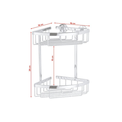 tesa ALUXX Corner Shower Shelf, Two-Tier, Aluminum, Chrome-Plated, Adhesive Mount – Dimensions
