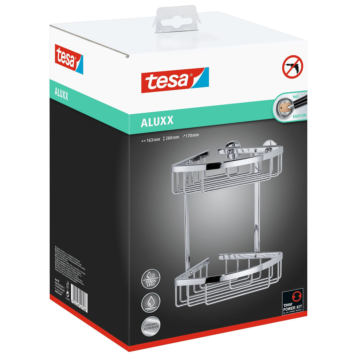 tesa ALUXX Corner Shower Shelf, Two-Tier, Aluminum, Chrome-Plated, Adhesive Mount