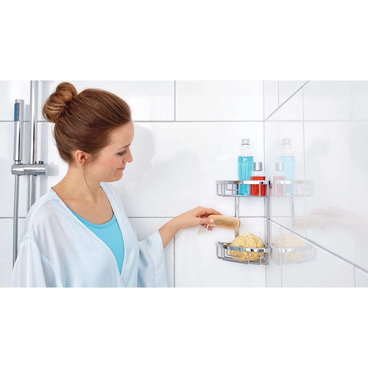tesa ALUXX Corner Shower Shelf, Two-Tier, Aluminum, Chrome-Plated, Adhesive Mount – Application