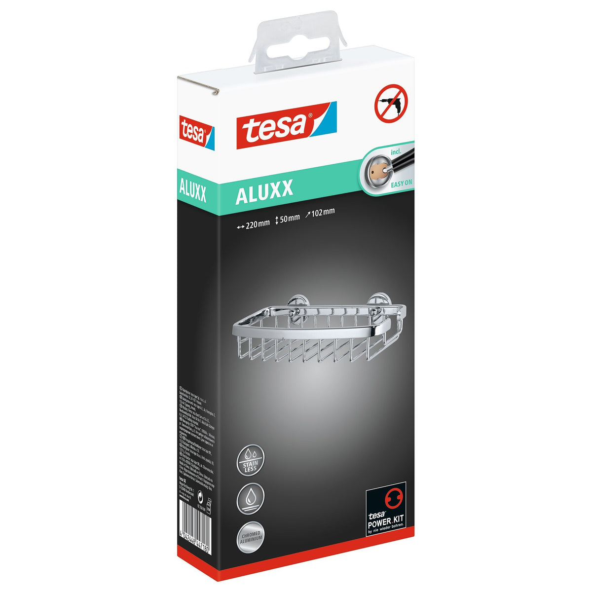 tesa ALUXX Single-Tier Adhesive Shower Shelf, Chrome-Plated, Includes Adhesive Solution