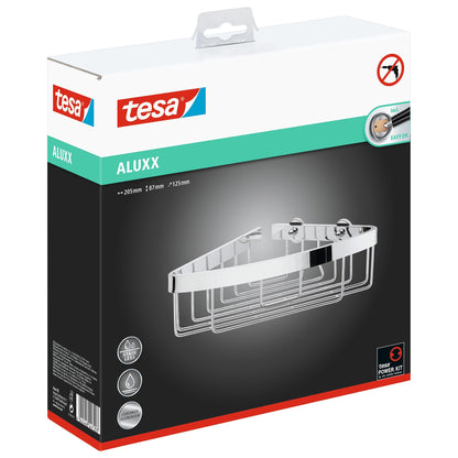 tesa ALUXX Corner Shower Shelf, Single-Tier, Aluminum, Chrome-Plated, Adhesive Mount