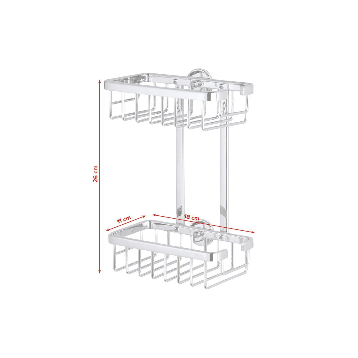 tesa ALUXX Shower Shelf (No Drilling Required), Two-Tier, Chrome-Plated, Includes Adhesive Solution – Dimensions