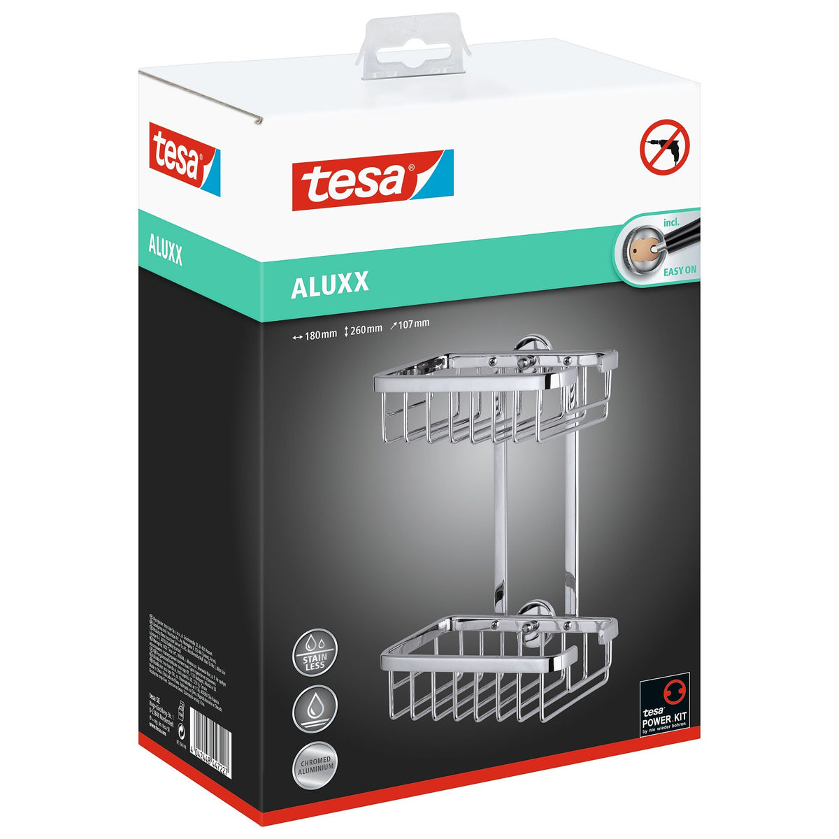 tesa ALUXX Shower Shelf (No Drilling Required), Two-Tier, Chrome-Plated, Includes Adhesive Solution