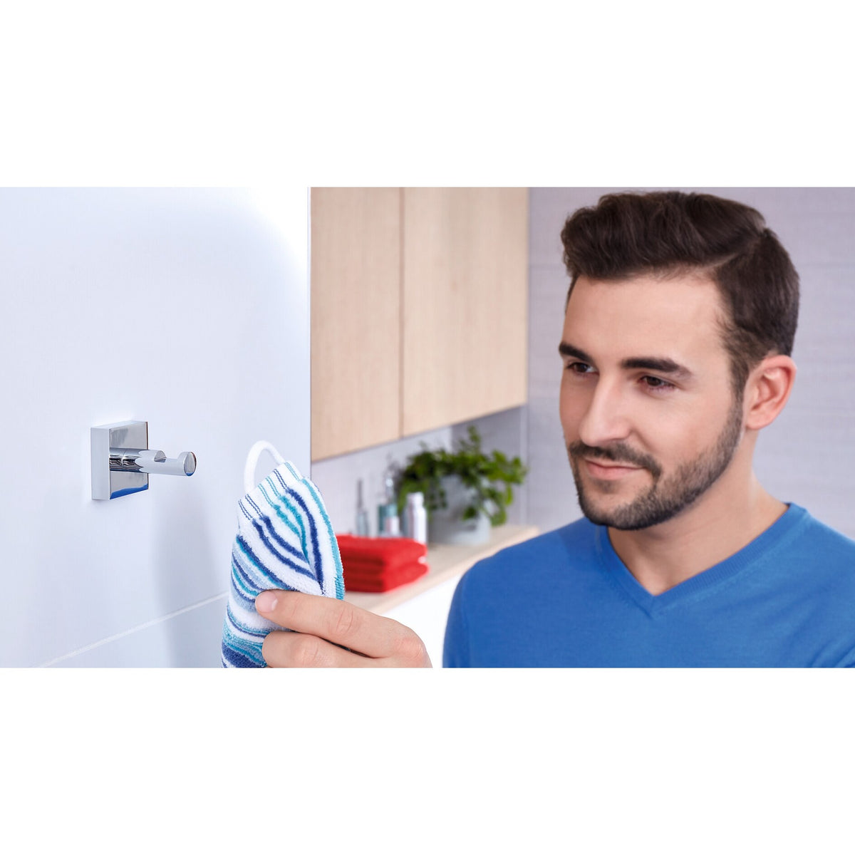 tesa EKKRO Towel Hook, Chrome-Plated, Includes Adhesive Solution – Application