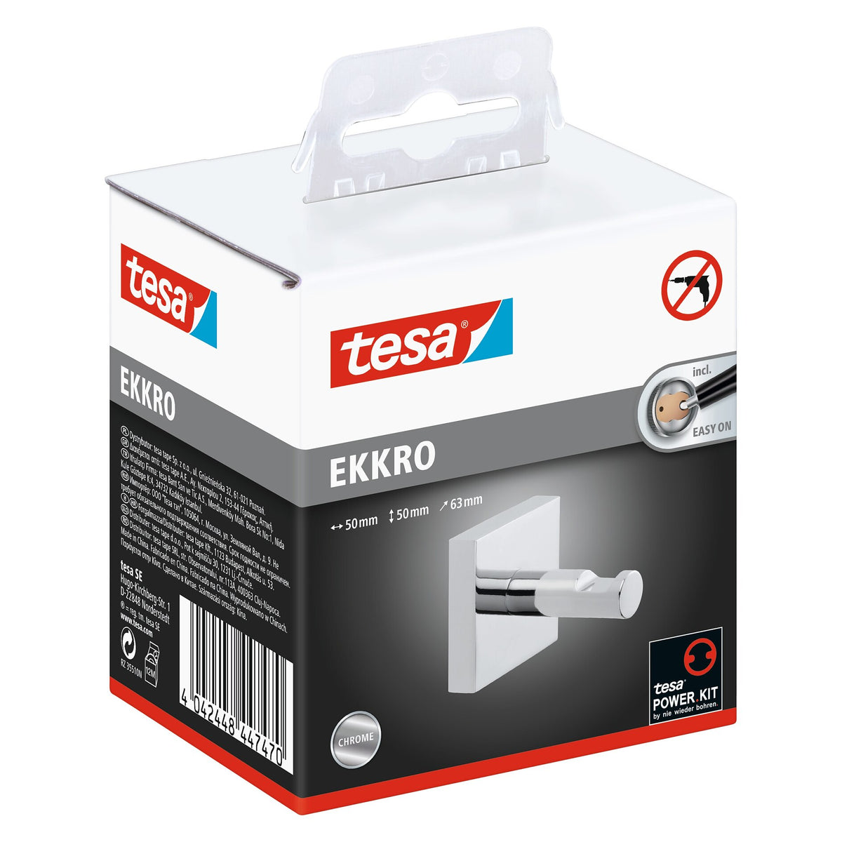 tesa Ekkro Coat Hook, Chrome-Plated, Includes Adhesive Solution