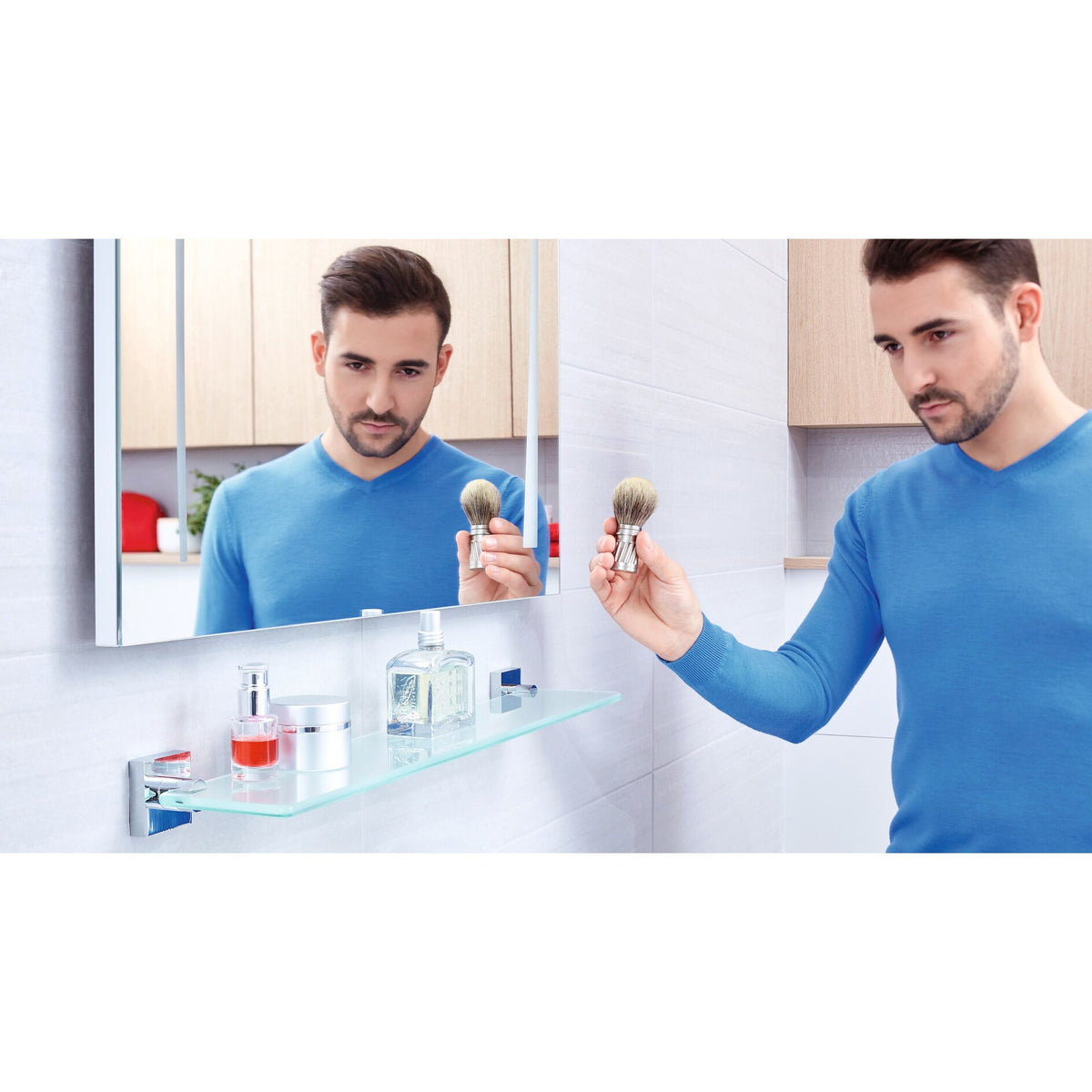 tesa Ekkro Bathroom Shelf, Chrome-Plated, Satin-Finish Glass, Adhesive Solution – Application