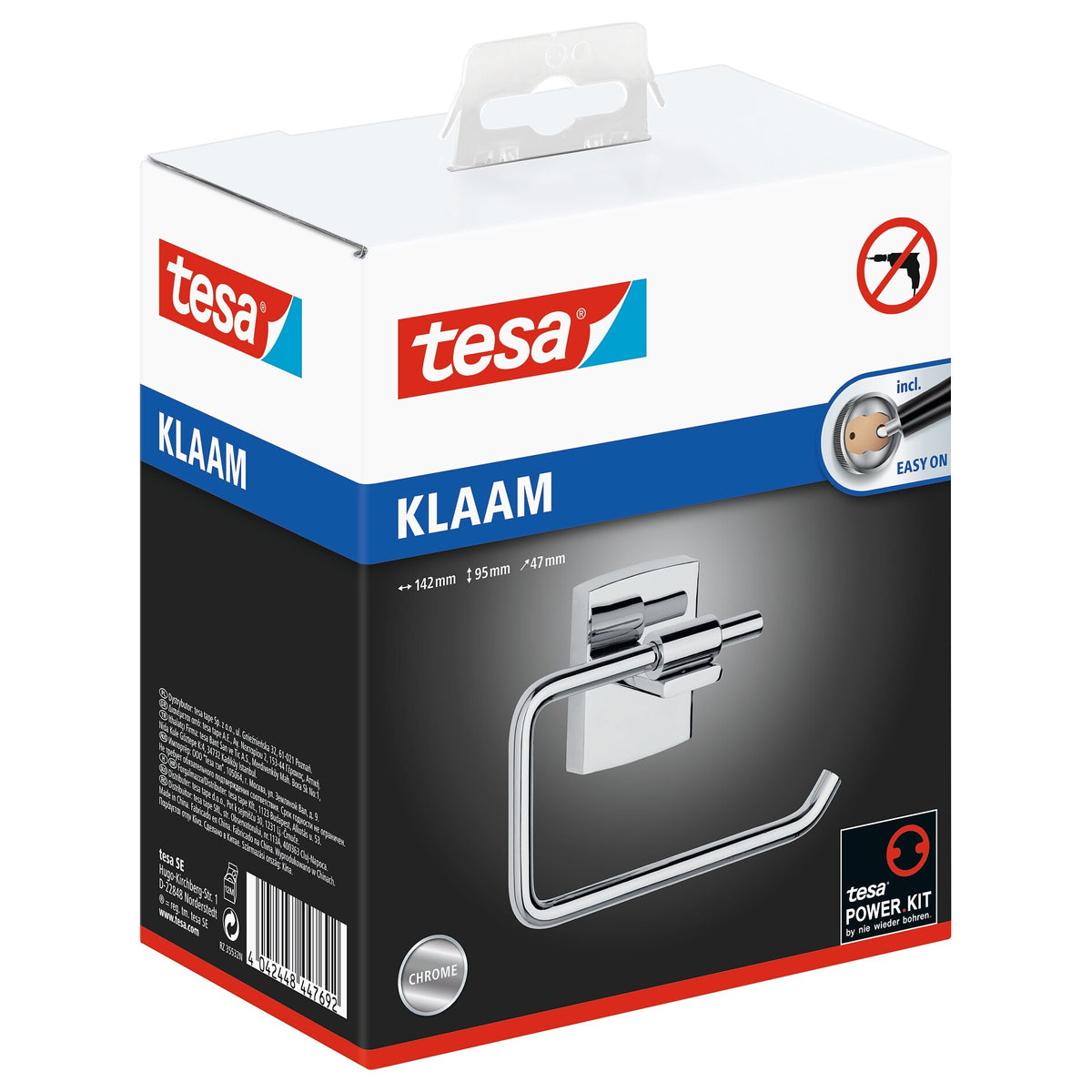 tesa Klaam Toilet Paper Holder, without lid, self-adhesive, chrome-plated