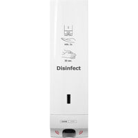 The CWS ParadiseLine "Disinfect" Non-Touch Hand Sanitizer Dispenser, with a white panel, is a white, wall-mounted, non-touch hand sanitizer dispenser from CWS featuring a "Disinfect" sticker and illustrated instructions for one pump and 30 seconds of hand sanitization.