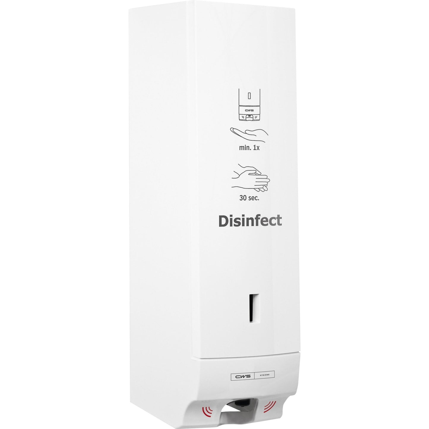 The CWS ParadiseLine "Disinfect Non-touch" Disinfectant Dispenser, with a white panel, is a white wall-mounted dispenser featuring touchless operation and symbols indicating usage and 30-second hand rubbing. The "Disinfect" lettering on the front ensures hygienic use.