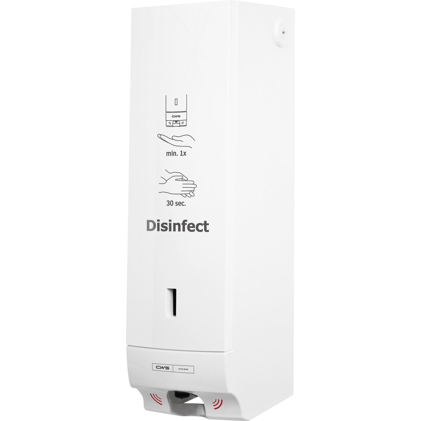 The CWS ParadiseLine Disinfect Non-Touch Sanitizer Dispenser with a white panel (1 unit) offers touch-free operation. Hand symbols show a pump directed at the hand, which then dispenses sanitizer for 30 seconds; "Disinfect" is printed on the front to promote hygienic use.