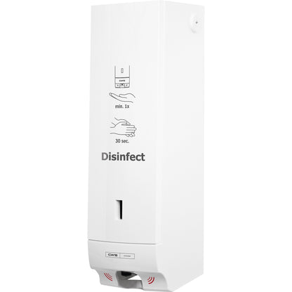 The CWS ParadiseLine Disinfect Non-Touch Sanitizer Dispenser with a white panel (1 unit) offers touch-free operation. Hand symbols show a pump directed at the hand, which then dispenses sanitizer for 30 seconds; "Disinfect" is printed on the front to promote hygienic use.