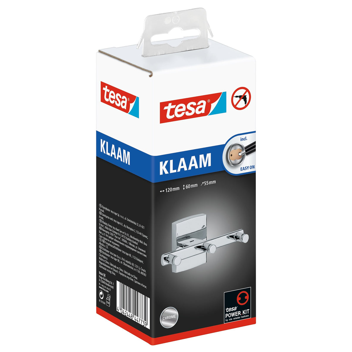 tesa Klaam Set of 3 Towel Hooks, Chrome-Plated, Includes Adhesive Solution