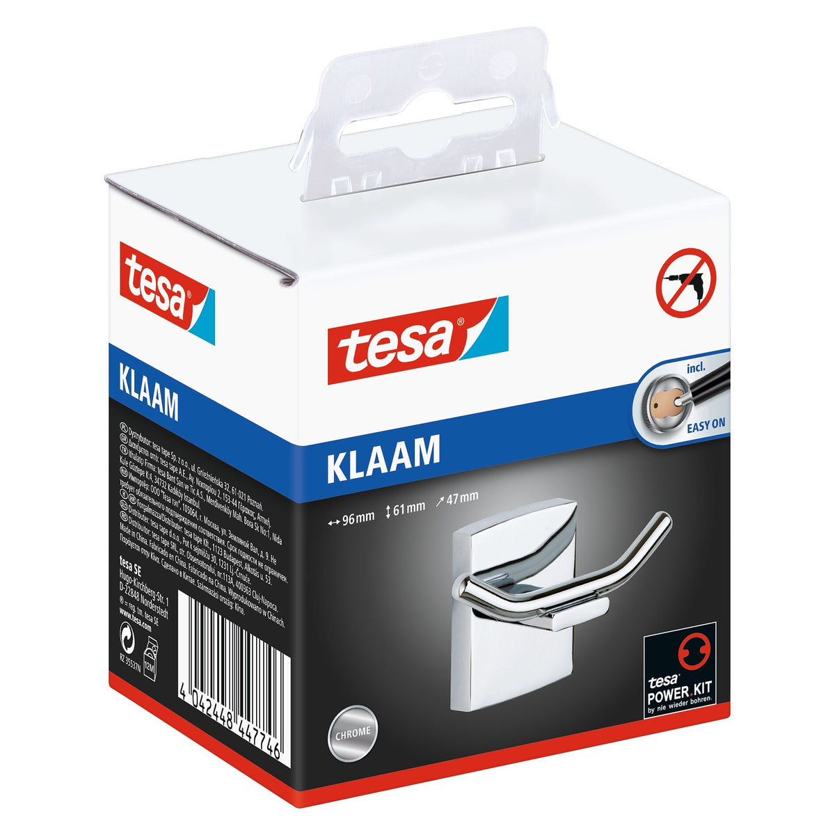 tesa Klaam Double Wall Hook, Chrome-Plated, Includes Adhesive Solution