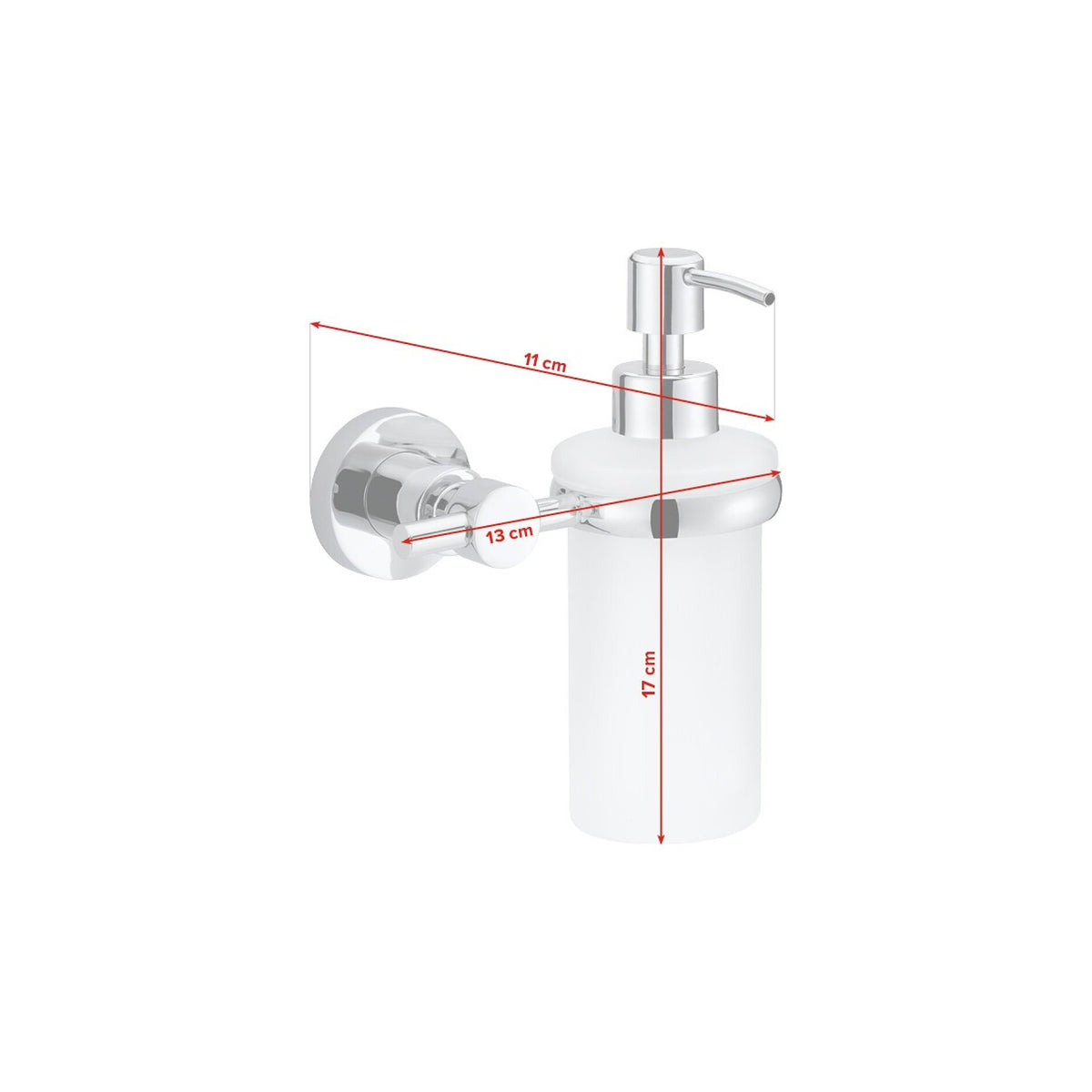 tesa Loxx Wall-Mounted Soap Dispenser, Chrome-Plated, Includes Adhesive Solution – Dimensions