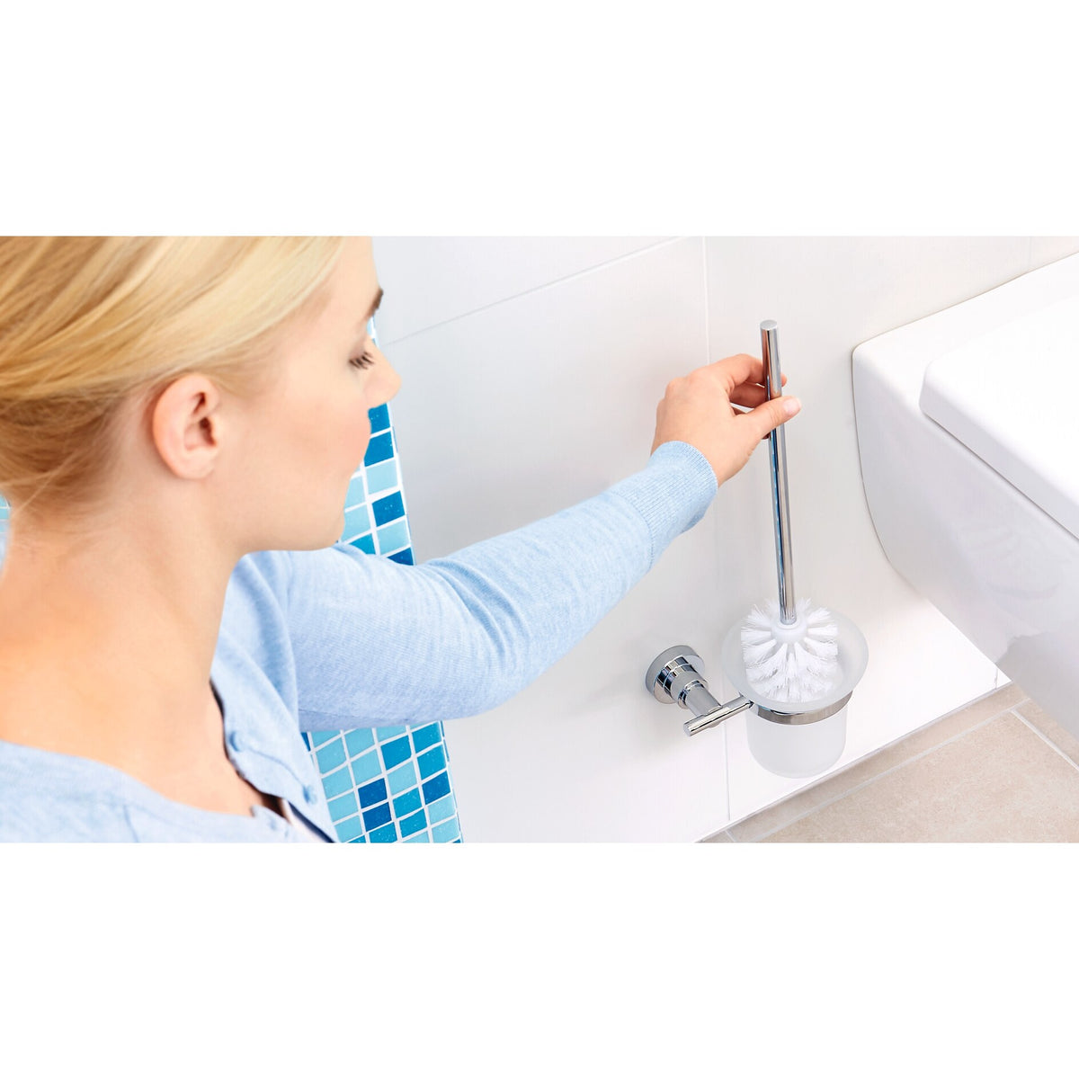tesa Luup Toilet Brush Set, Chrome-Plated, Includes Adhesive Solution – Instructions for Use