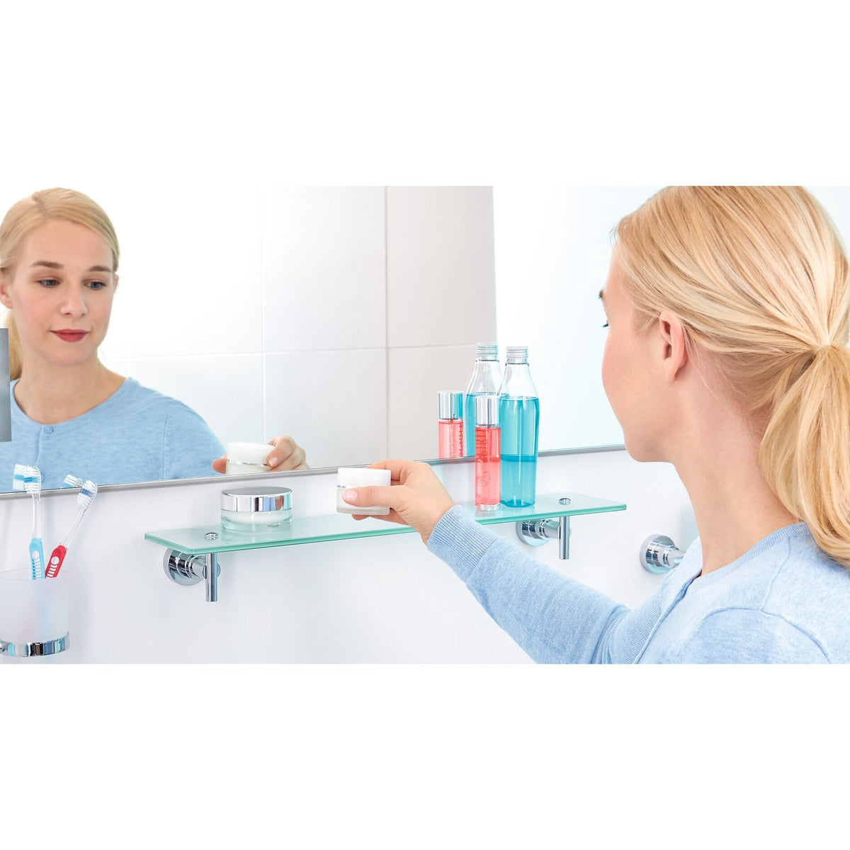 tesa Luup Glass Shelf, Chrome-Plated, Includes Adhesive Solution – Application