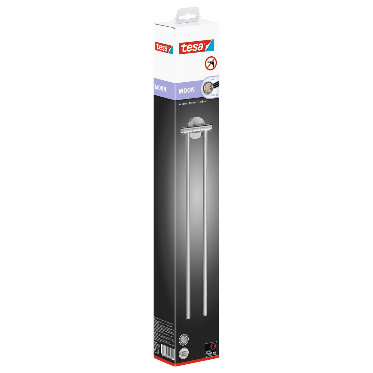 tesa MOON Bathroom Towel Rack, 2-arm, with adhesive solution included