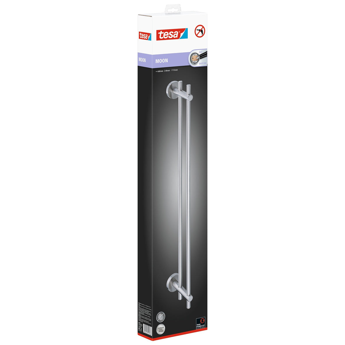 tesa MOON Towel Rack (No Drilling Required), Double, Stainless Steel Finish