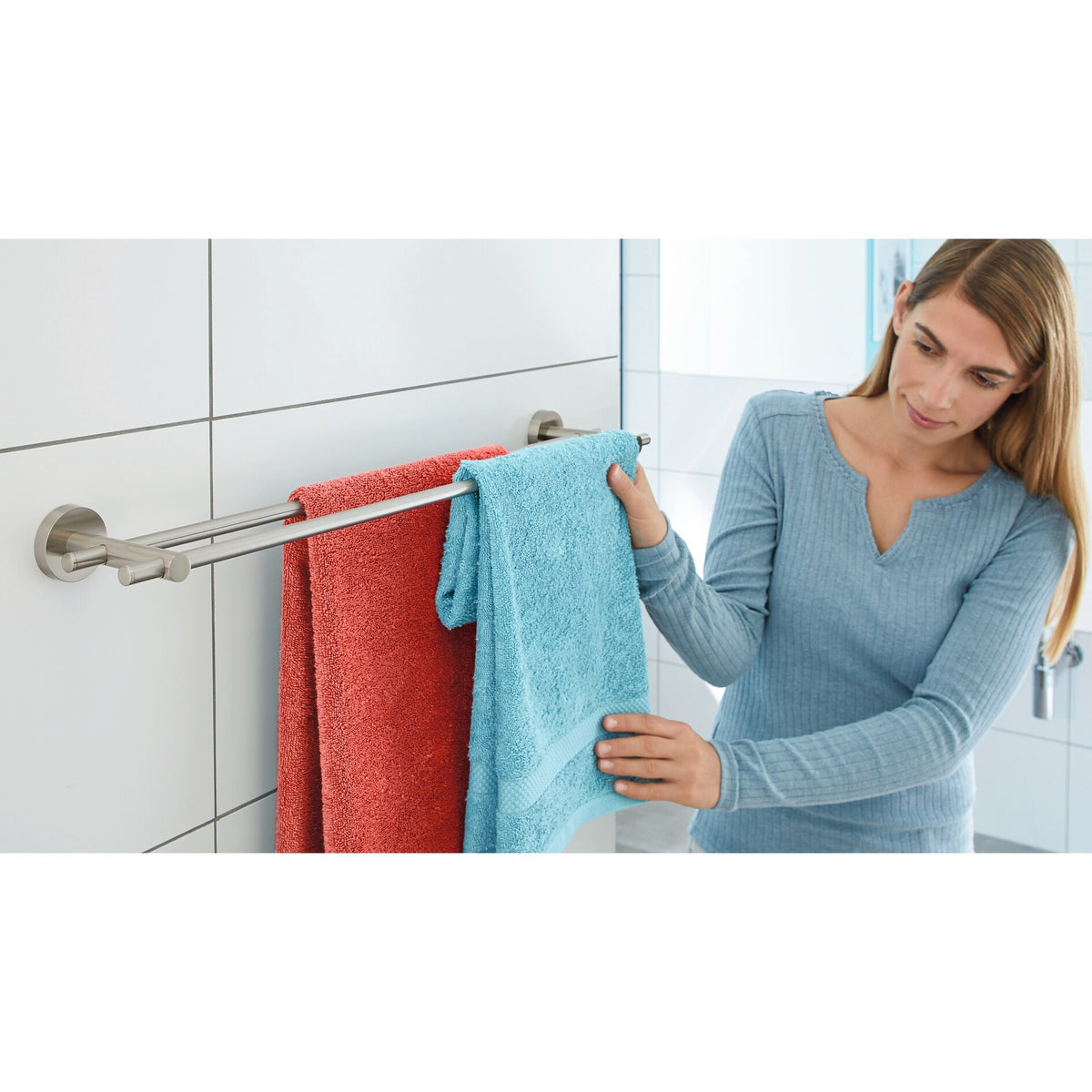tesa MOON Towel Rack (No Drilling Required), Double, Stainless Steel Finish – Usage