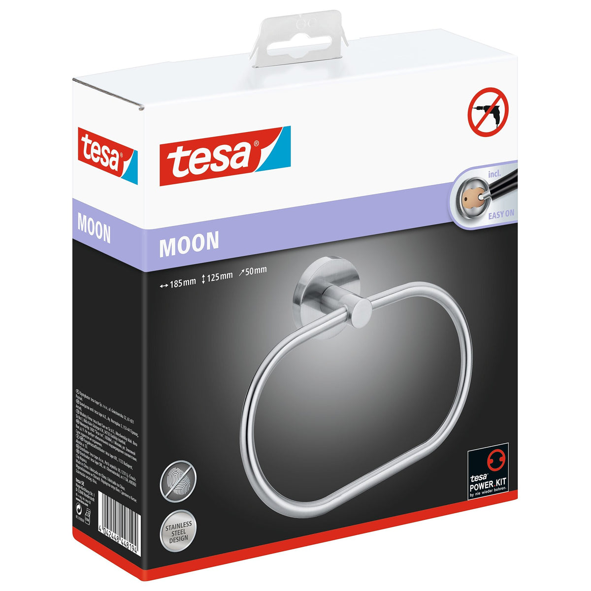 tesa MOON Adhesive Towel Ring, Stainless Steel Look, Rust-Resistant