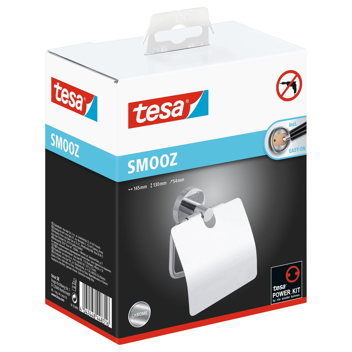 tesa SMOOZ Toilet Paper Holder with Lid, Includes Adhesive Solution