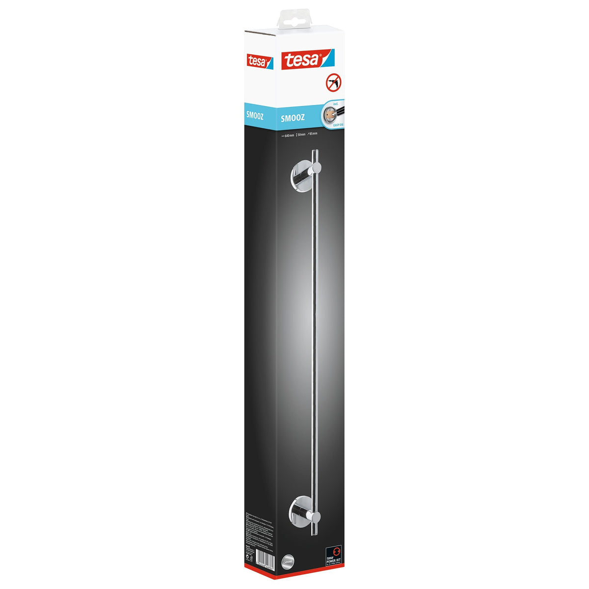 tesa SMOOZ Single-Arm Bath Towel Rack, Chrome-Plated, Self-Adhesive