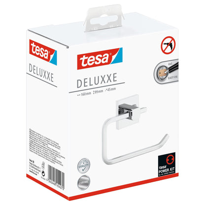 tesa DELUXXE Toilet Paper Holder, without lid, metal, chrome-plated, includes adhesive solution