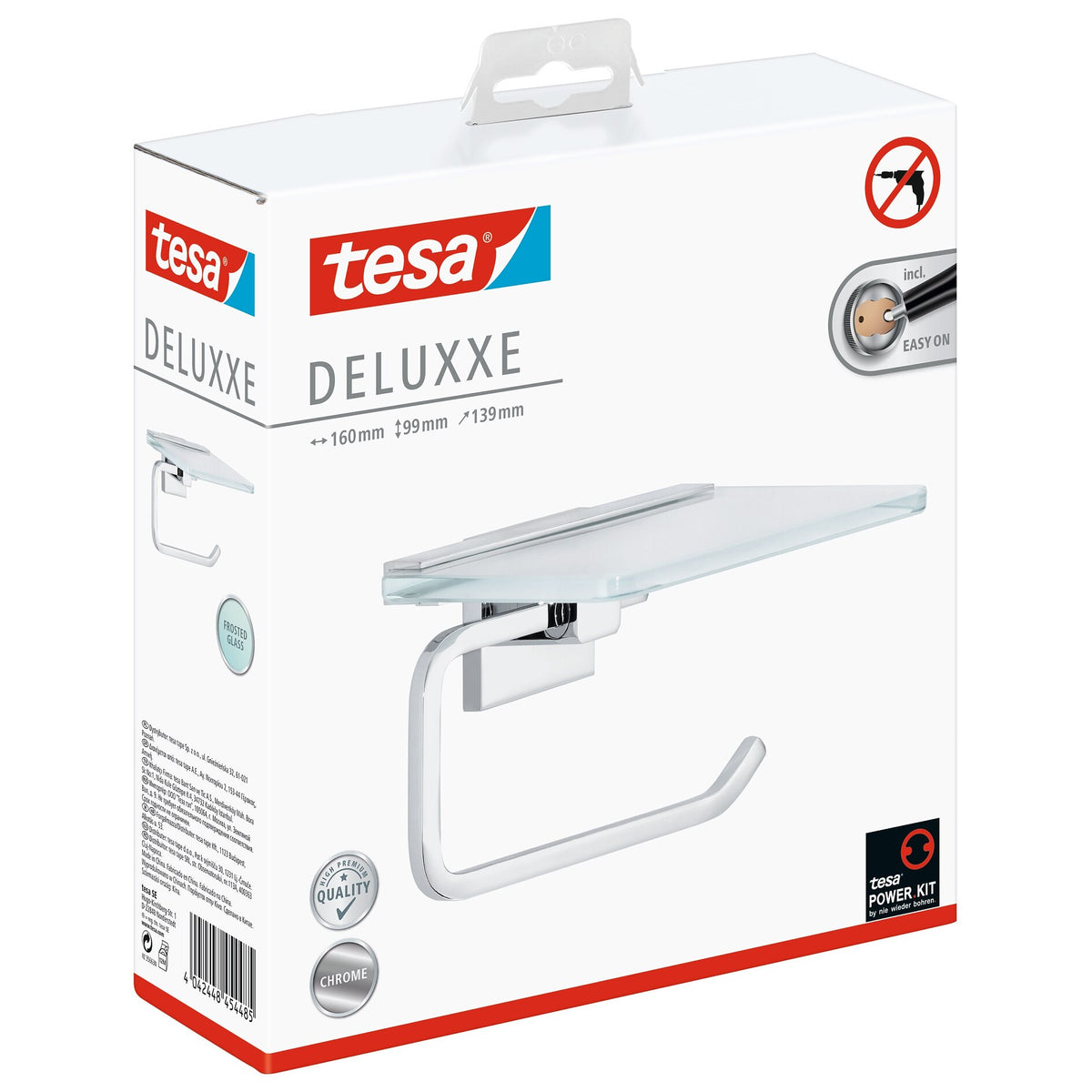 tesa DELUXXE Toilet Paper Holder with Shelf, Includes Adhesive Solution
