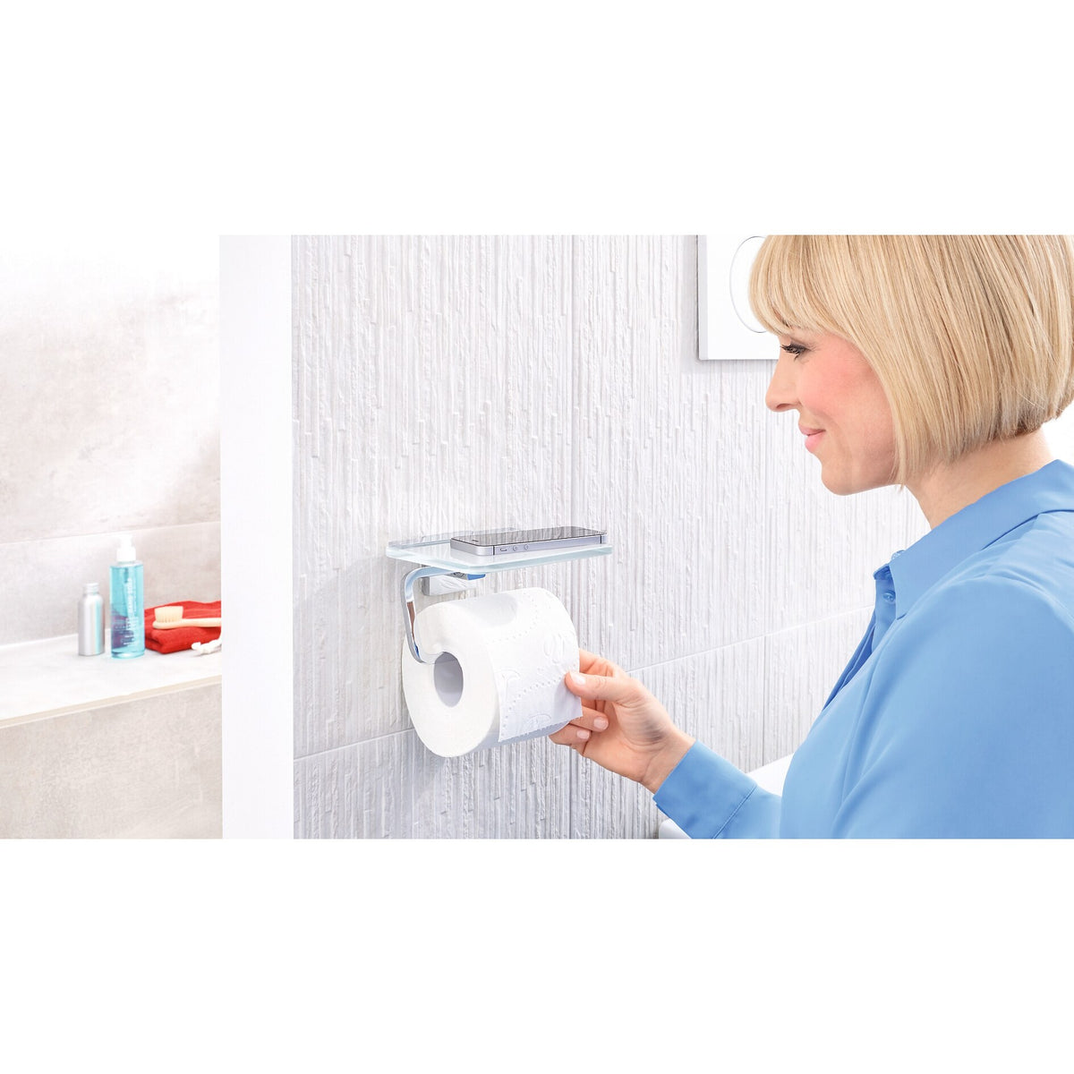 tesa DELUXXE Toilet Paper Holder with Shelf, Includes Adhesive Solution – Instructions for Use