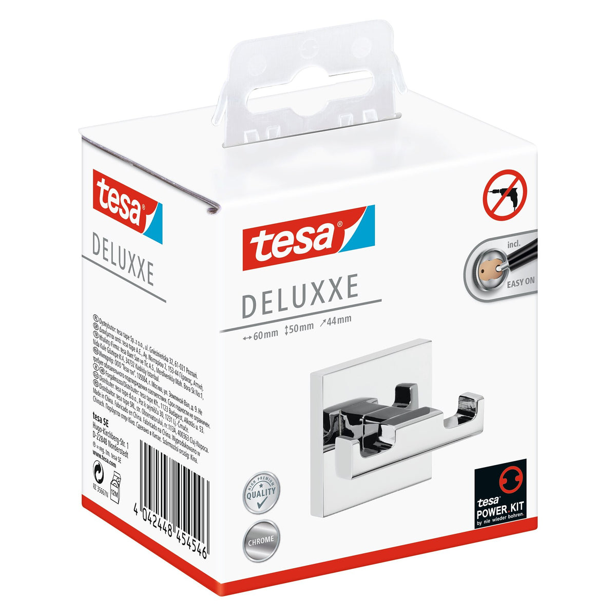 tesa DELUXXE Double Coat Hook, Metal, Chrome-Plated, Includes Adhesive Solution