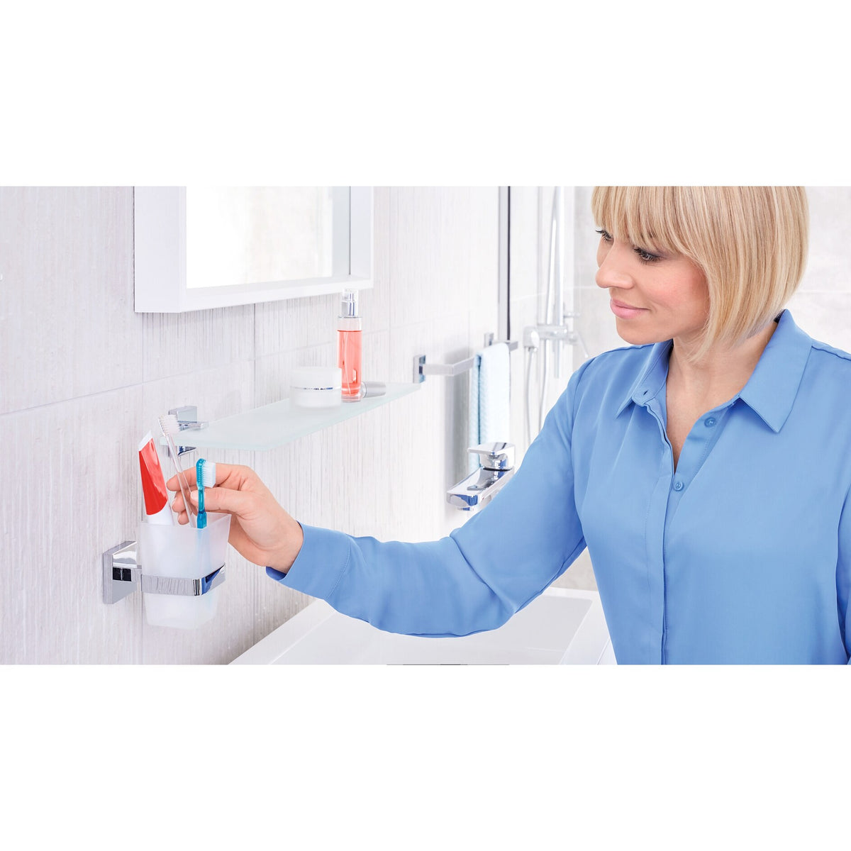 tesa DELUXXE Toothbrush Holder, Elegant Design, Includes Adhesive Solution – Instructions for Use