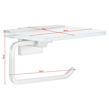 tesa EXXCLUSIV Toilet Paper Holder with Shelf, Includes Adhesive Solution – Dimensions
