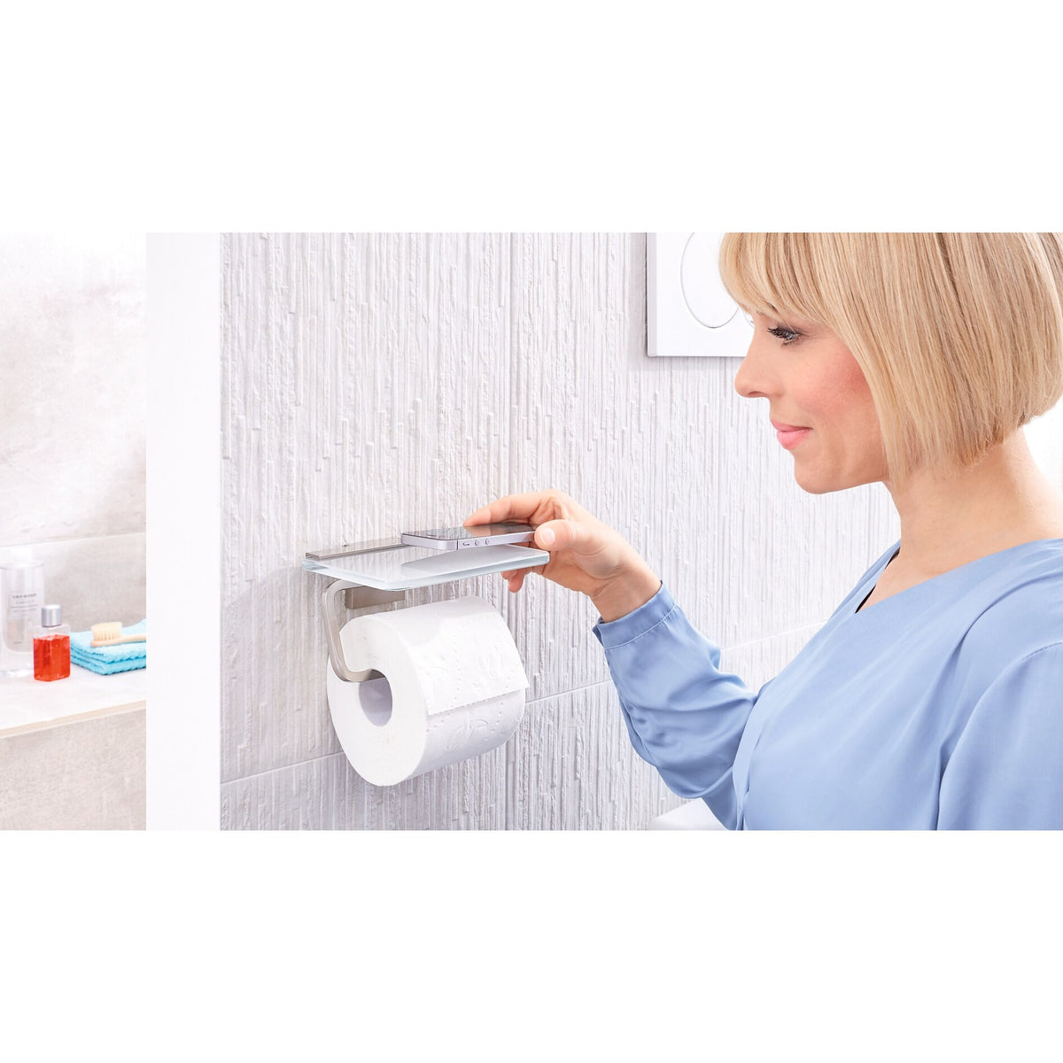 tesa EXXCLUSIV Toilet Paper Holder with Shelf, Includes Adhesive Solution – Instructions for Use