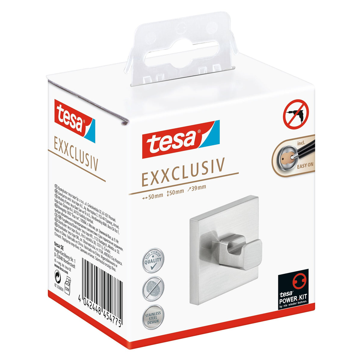 tesa EXXCLUSIV Towel Hook, Stainless Steel Finish, Includes Adhesive Solution