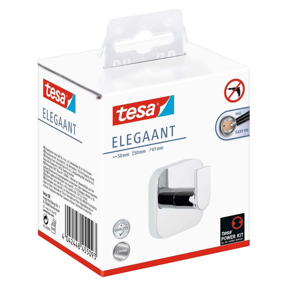 tesa ELEGAANT Towel Hook, Metal, Chrome-Plated, Includes Adhesive Solution