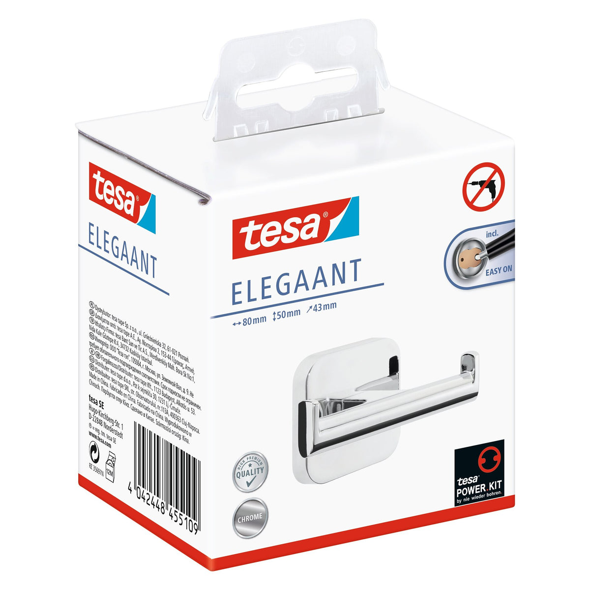 tesa ELEGAANT Double Design Hook, Metal, Chrome-Plated, Includes Adhesive Solution