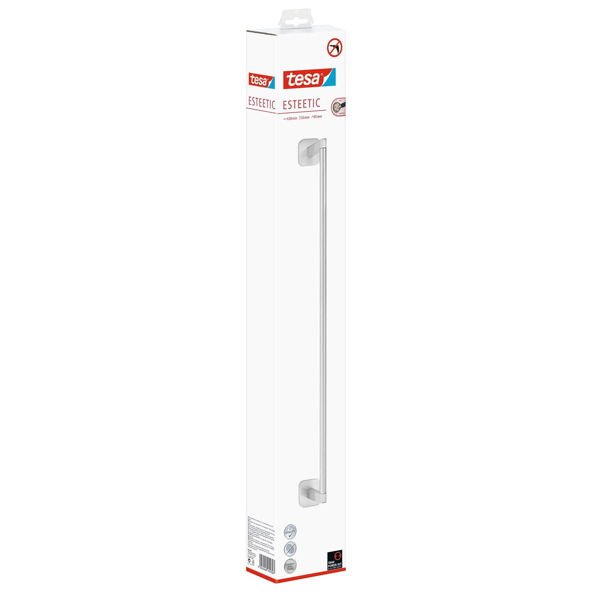 tesa Esteetic Towel Rack, Stainless Steel Look, Includes Adhesive Solution, 63 cm