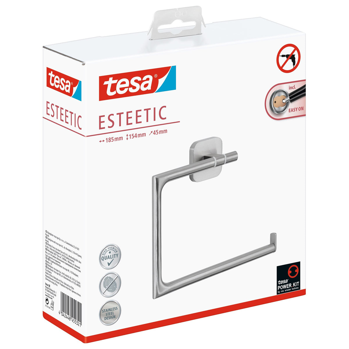 tesa Esteetic Towel Ring, Stainless Steel Look, Includes Adhesive Solution