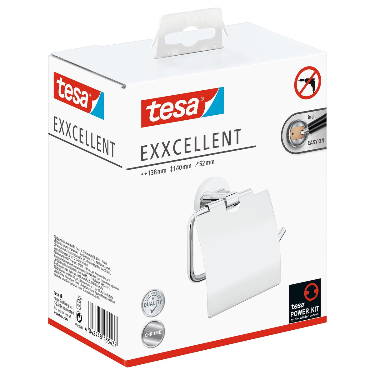tesa Exxcellent Toilet Paper Holder with Lid, Metal, Chrome-Plated, Includes Adhesive Solution