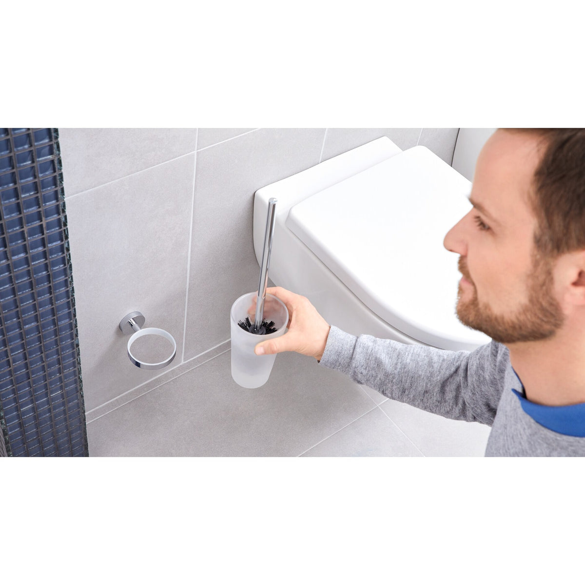 tesa Exxcellent Toilet Brush, Metal, Chrome-Plated, Includes Adhesive Solution – Instructions for Use