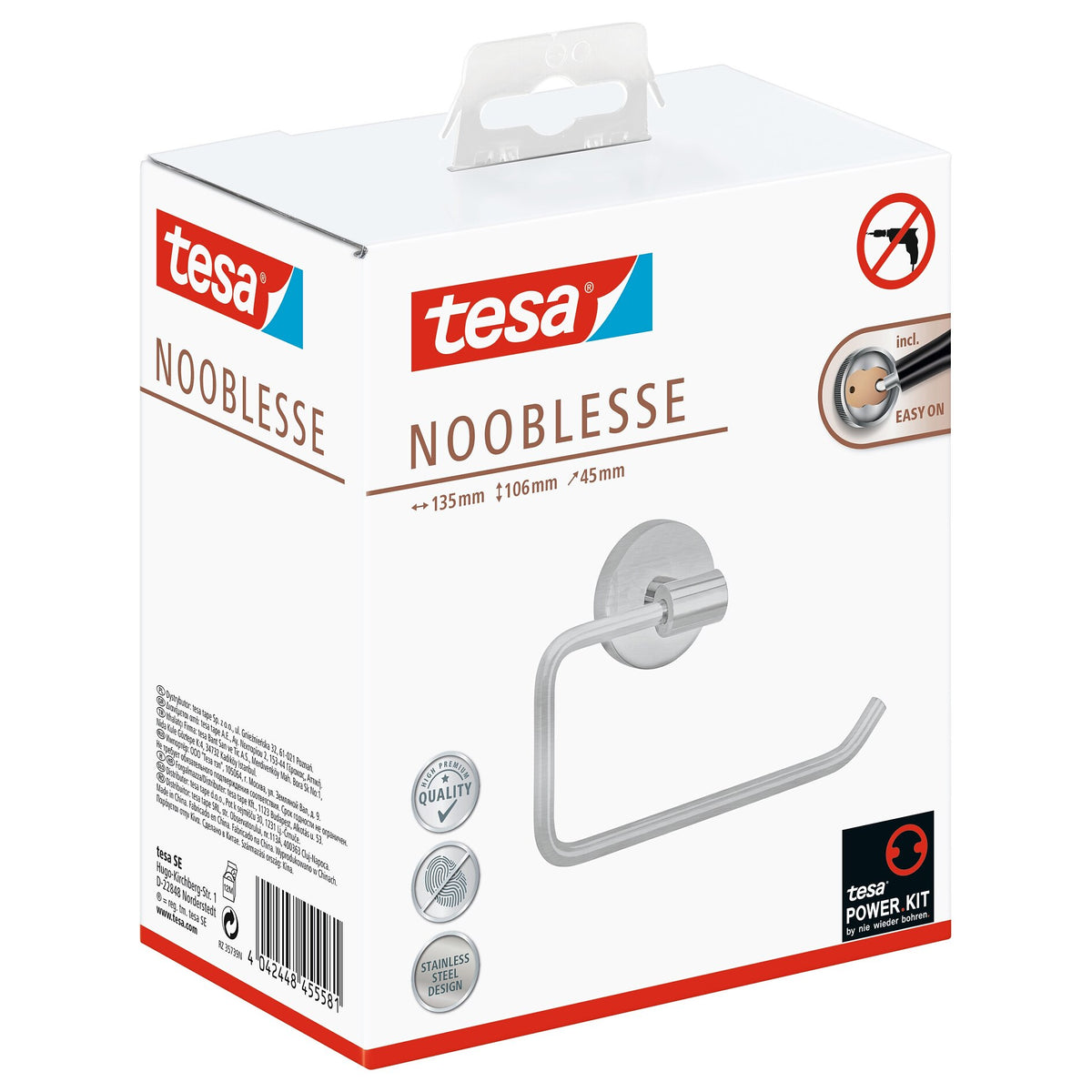 tesa Nooblesse Toilet Paper Holder (without lid), stainless steel finish, includes adhesive solution