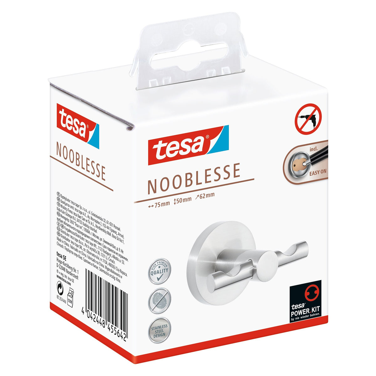 tesa Nooblesse Double-Sided Adhesive Hooks, Stainless Steel Finish, Includes Adhesive Solution
