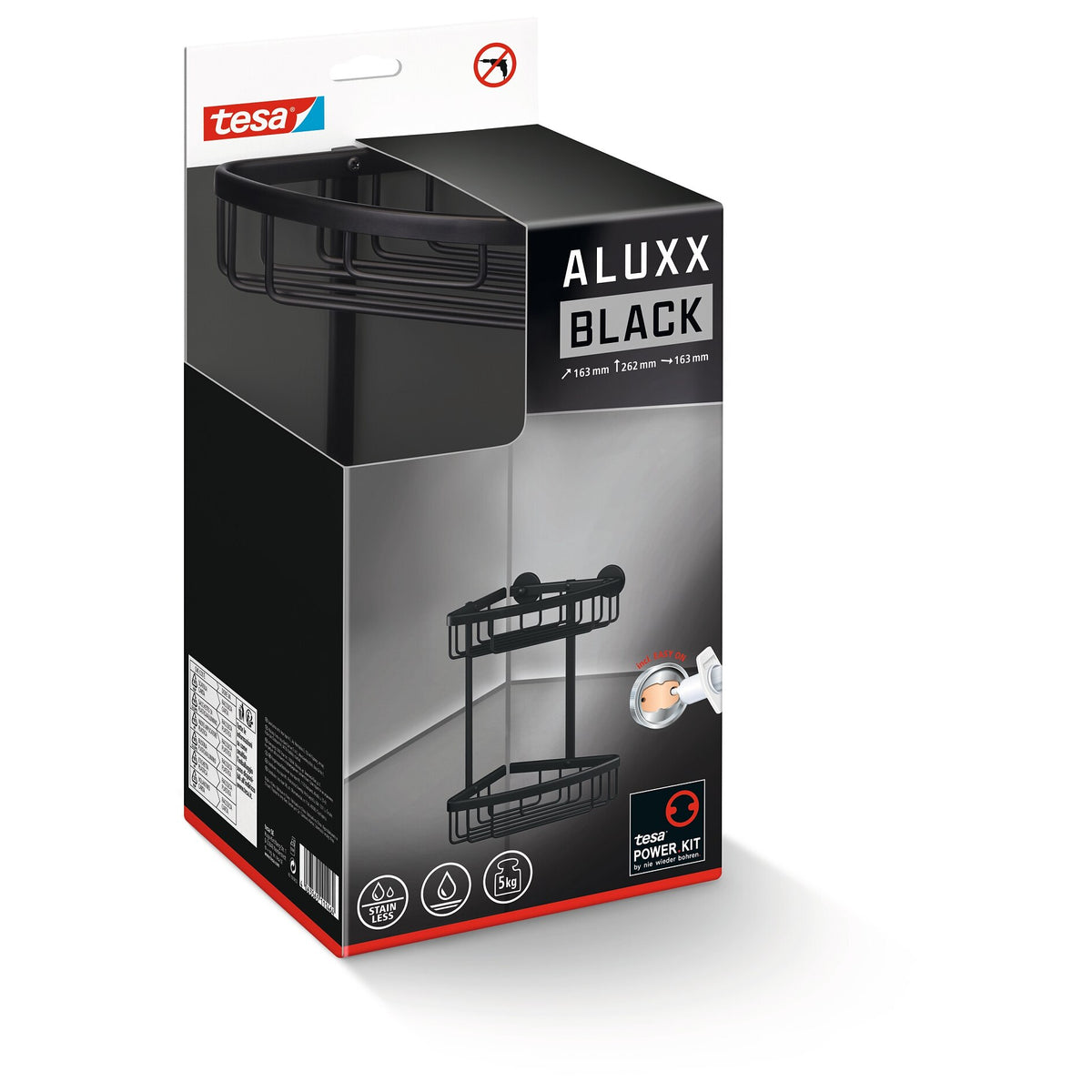tesa ALUXX BLACK Corner Shower Basket, Two-Tier, Matte Black, for Shower and Bathtub