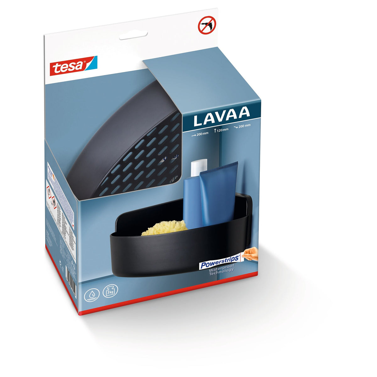 tesa LAVAA Corner Shower Basket, Matte Black, Elegant, Practical, Space-Saving, White