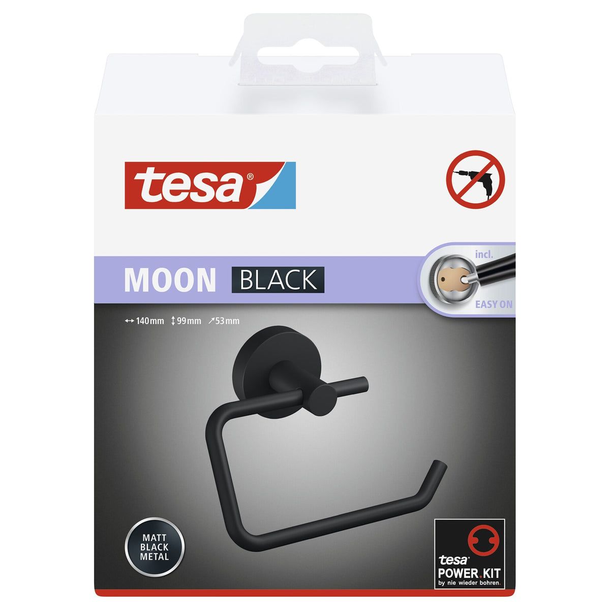 tesa MOON BLACK Toilet Paper Holder, Matte Black, Includes Adhesive Solution