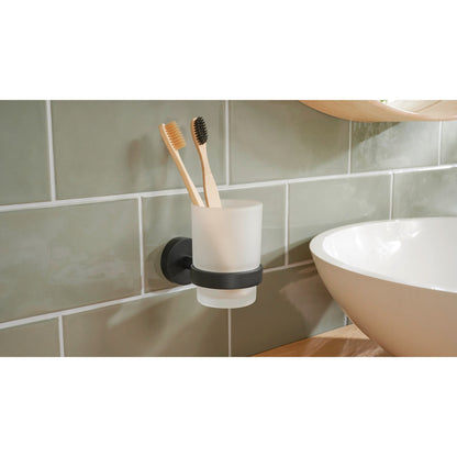 tesa MOON BLACK Toothbrush Cup Holder, Matte Black, Includes Adhesive Solution – Instructions for Use