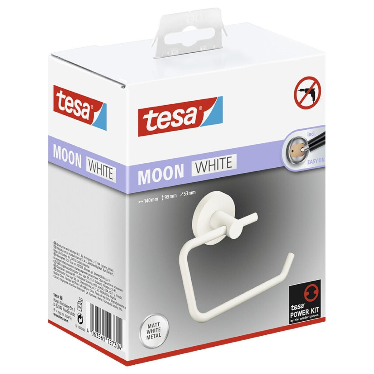 tesa MOON WHITE Toilet Paper Holder, Matte White, Includes Adhesive Solution