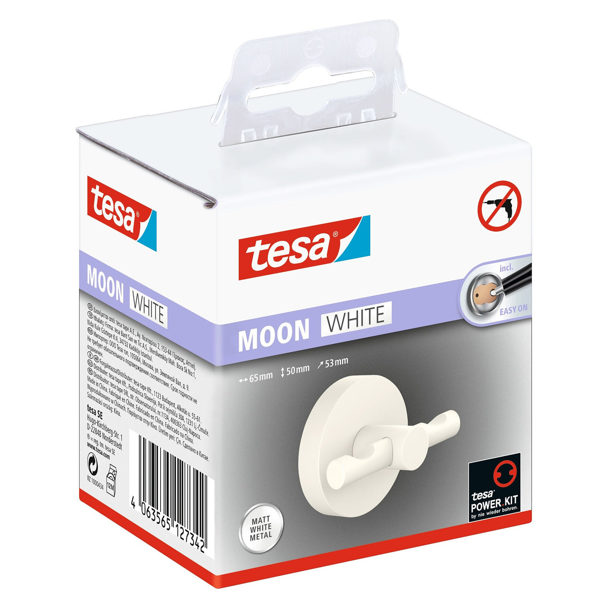 tesa MOON WHITE Bathrobe Hook, matte white, includes adhesive solution