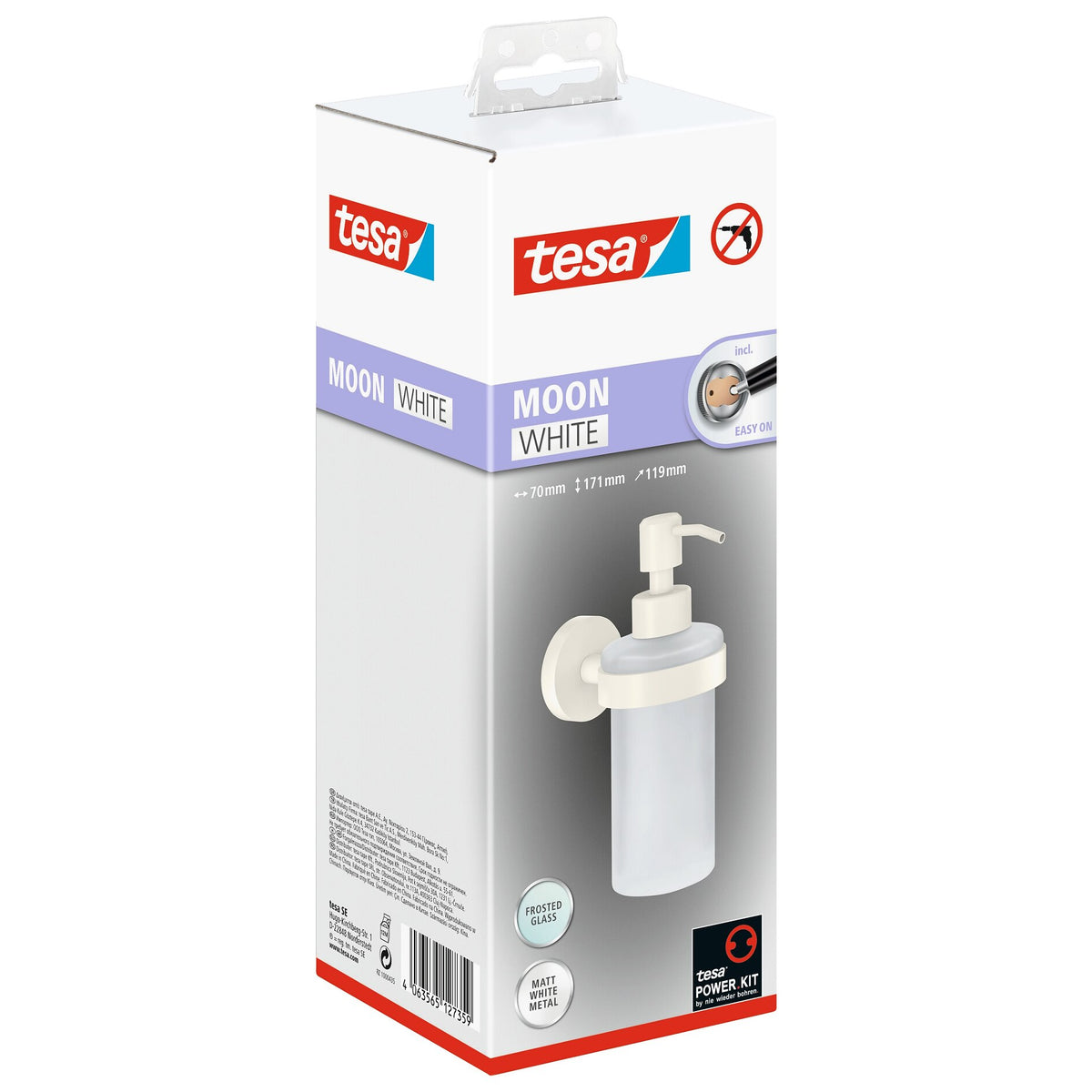 tesa MOON WHITE Wall-Mounted Soap Dispenser, Matte White, Includes Adhesive Solution