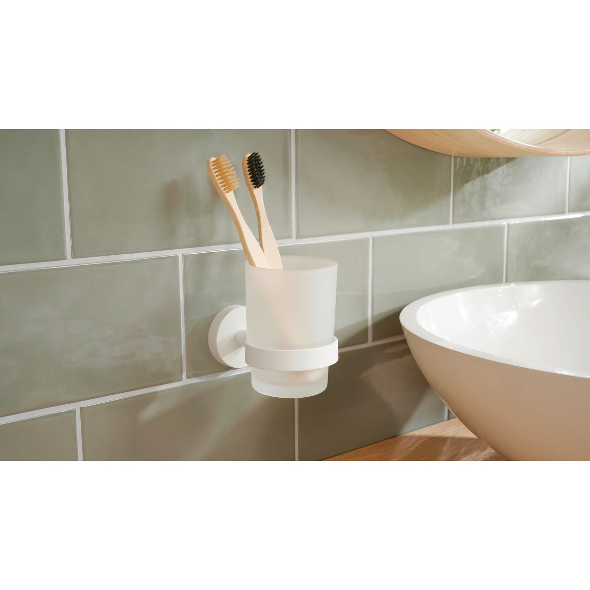 tesa MOON WHITE Toothbrush Cup Holder, Matte White, Includes Adhesive Solution – Instructions for Use